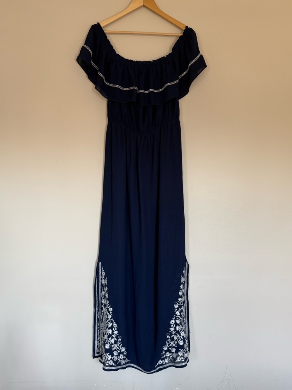 Sugarlips Navy Blue Off-Shoulder Maxi Dress with White Embroidered Hem Sz M